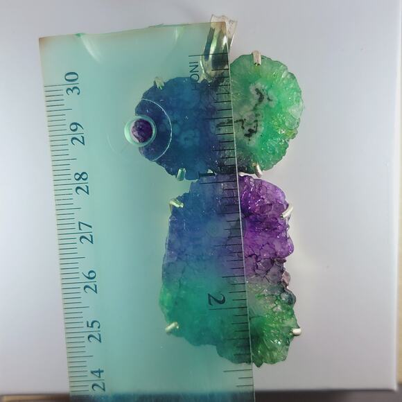 Titanium Druzy Pendant Sterling Silver Green Purple Crystal Slice 3" - Picture 6 of 10